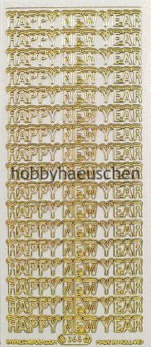 Starform transparente Glitzer-Sticker mit Gold-Kontur HAPPY NEW YEAR mit "SCHNEEMÜTZEN"
