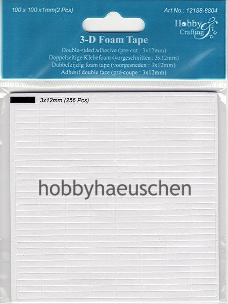 Hobby & Crafting Fun 3D Foam Tape RECHTECKIGE KLEBEPADS weiß 1mm x 3mm x 12mm, 512 Stück